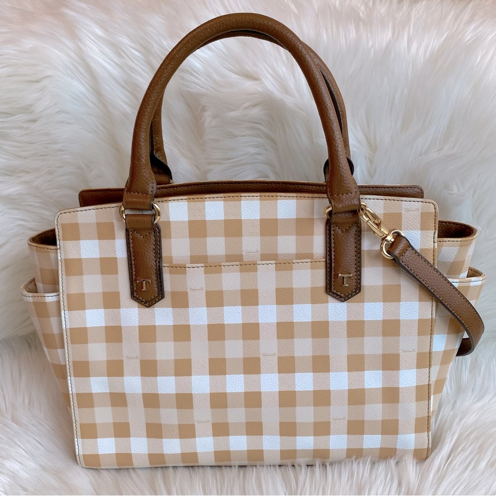 Tignanello gingham plaid saffiano satchel bag with removable strap
